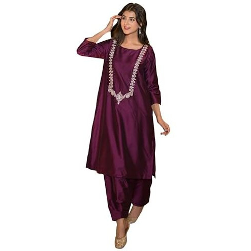 ANNI DESIGNER Women's Rayon Blend Straight Embroidered Kurta with Pant (Galiyara Wine_S_Wine_Small)
