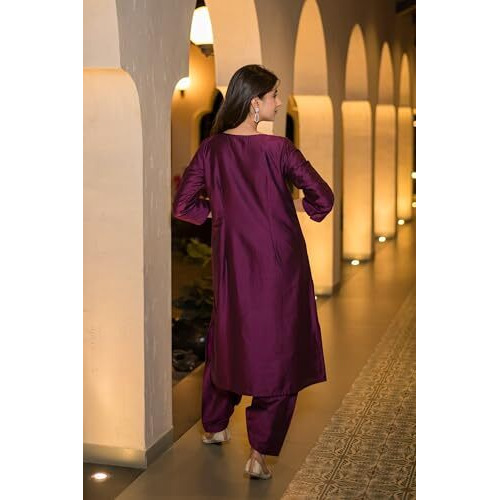 ANNI DESIGNER Women's Rayon Blend Straight Embroidered Kurta with Pant (Galiyara Wine_S_Wine_Small)