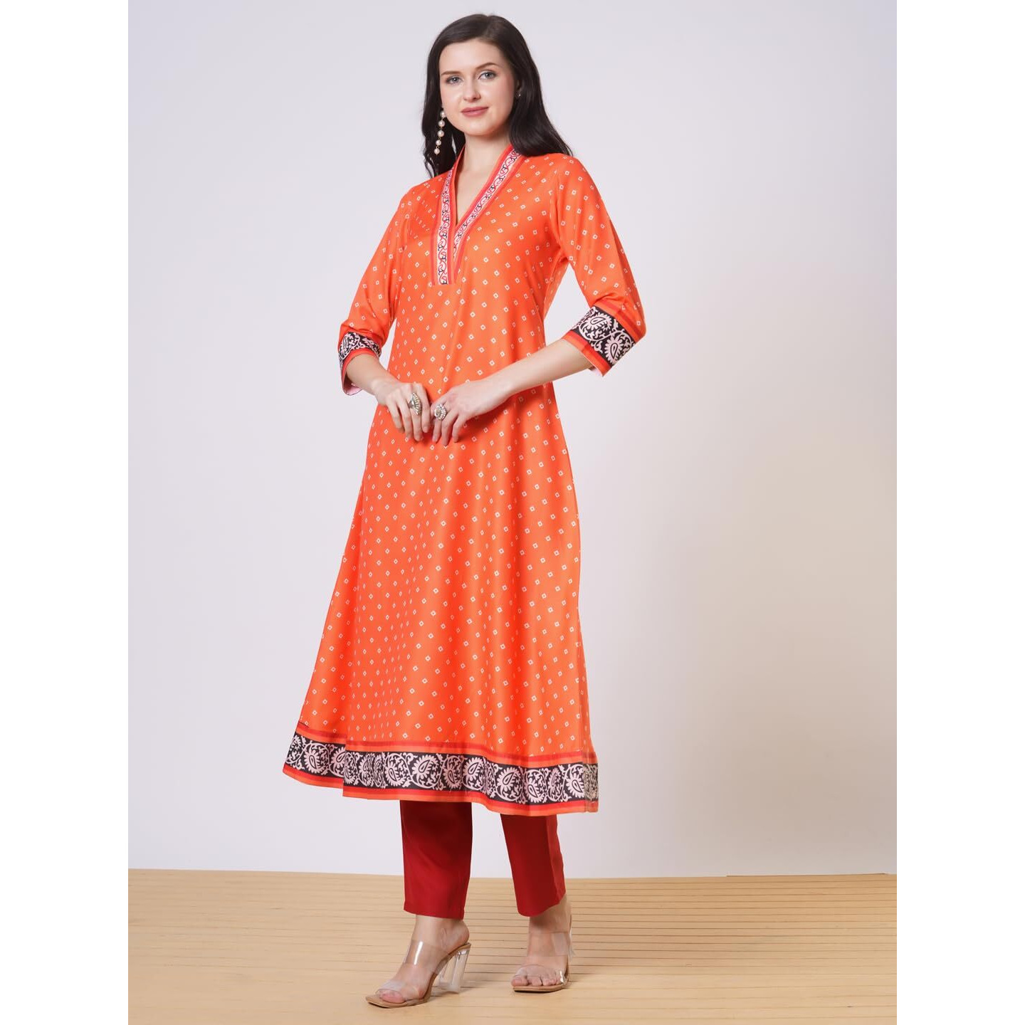 ANNI DESIGNER Women's Rayon Viscose Anarkali Printed Kurta with Pant (Karidos Orange-VKS02_XL_Orange_X-Large)