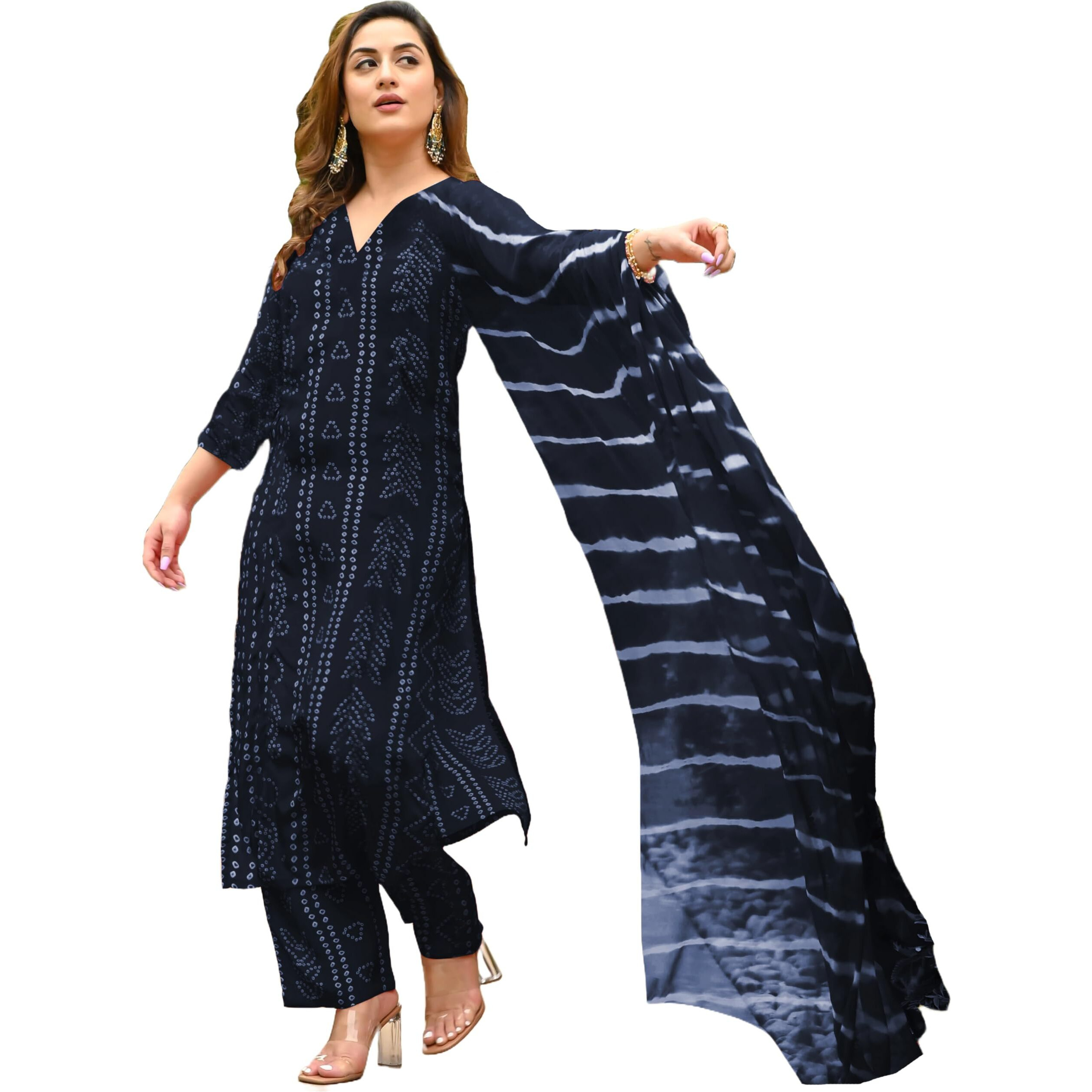 ANNI DESIGNER Women's Rayon Blend Straight Bandhej Printed Kurta with Pant & Dupatta (Baghira Grey-VKS01_S_Grey_Small)