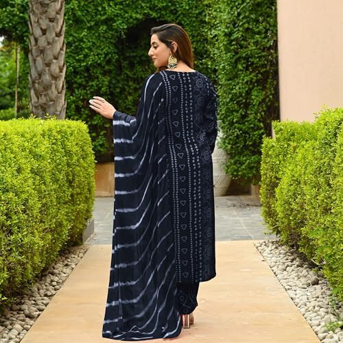 ANNI DESIGNER Women's Rayon Blend Straight Bandhej Printed Kurta with Pant & Dupatta (Baghira Grey-VKS01_S_Grey_Small)
