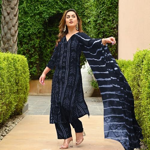 ANNI DESIGNER Women's Rayon Blend Straight Bandhej Printed Kurta with Pant & Dupatta (Baghira Grey-VKS01_S_Grey_Small)