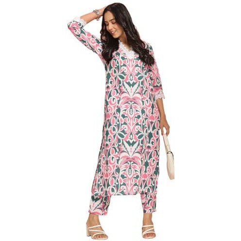 ANNI DESIGNER Women's Rayon Viscose Straight Printed Kurta with Pant (Dodero Green_XL_Green_X-Large)
