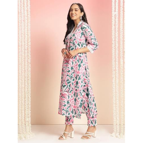 ANNI DESIGNER Women's Rayon Viscose Straight Printed Kurta with Pant (Dodero Green_XL_Green_X-Large)
