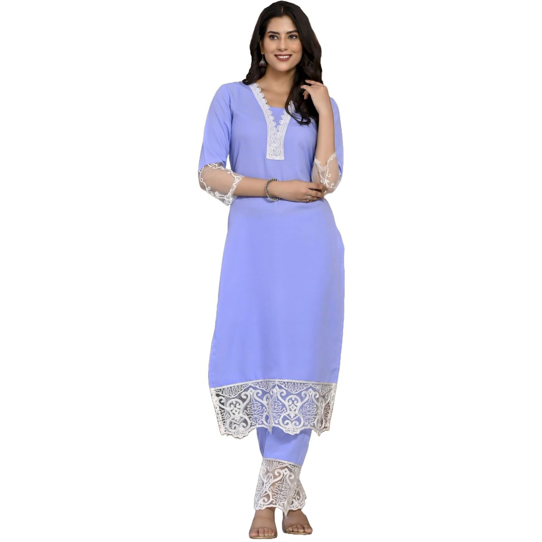 ANNI DESIGNER Women's Cotton Blend Straight Solid Kurta with Pant (Takada Light Blue_S_Light Blue_Small)