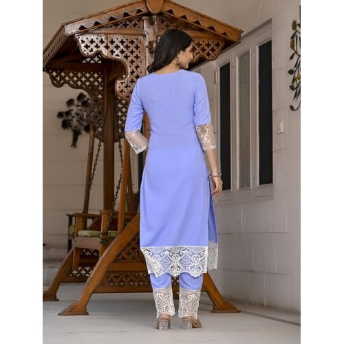 ANNI DESIGNER Women's Cotton Blend Straight Solid Kurta with Pant (Takada Light Blue_S_Light Blue_Small)
