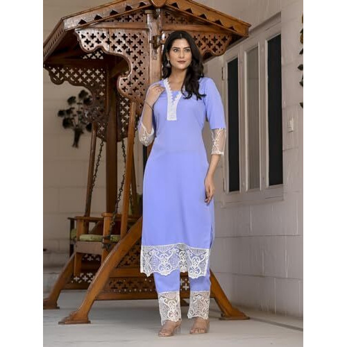 ANNI DESIGNER Women's Cotton Blend Straight Solid Kurta with Pant (Takada Light Blue_S_Light Blue_Small)