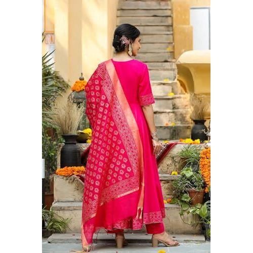 ANNI DESIGNER Women's Rayon Blend Anarkali Solid Kurta with Pant & Dupatta (GANPATI-Rani_XXL_Pink_XX-Large)