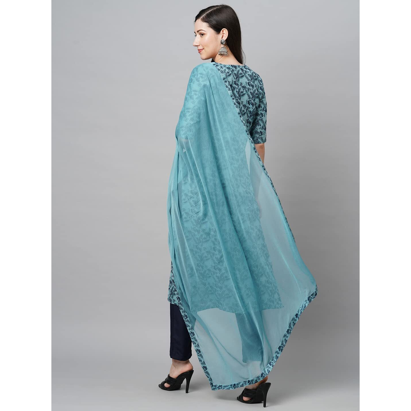 ANNI DESIGNER Women's Banarasi Silk Straight Printed Kurta with Pant & Dupatta (Banarsi-Blue_L-an_Blue_Large)