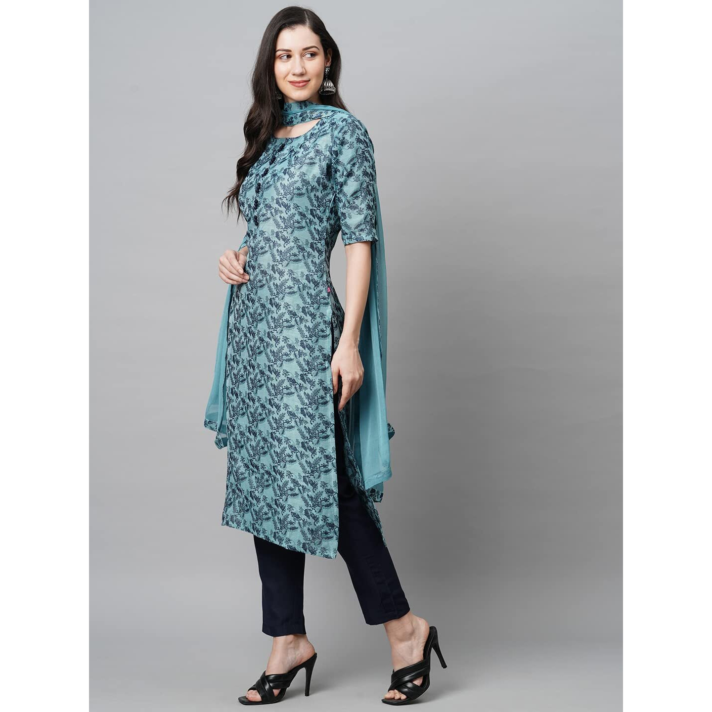ANNI DESIGNER Women's Banarasi Silk Straight Printed Kurta with Pant & Dupatta (Banarsi-Blue_L-an_Blue_Large)