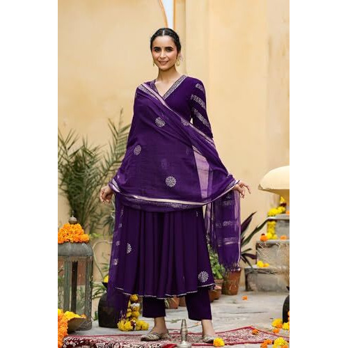 ANNI DESIGNER Women's Rayon Blend Anarkali Printed Kurta with Pant & Dupatta (Berlin BEGANI-VKS01_XXL_Begani_XX-Large)