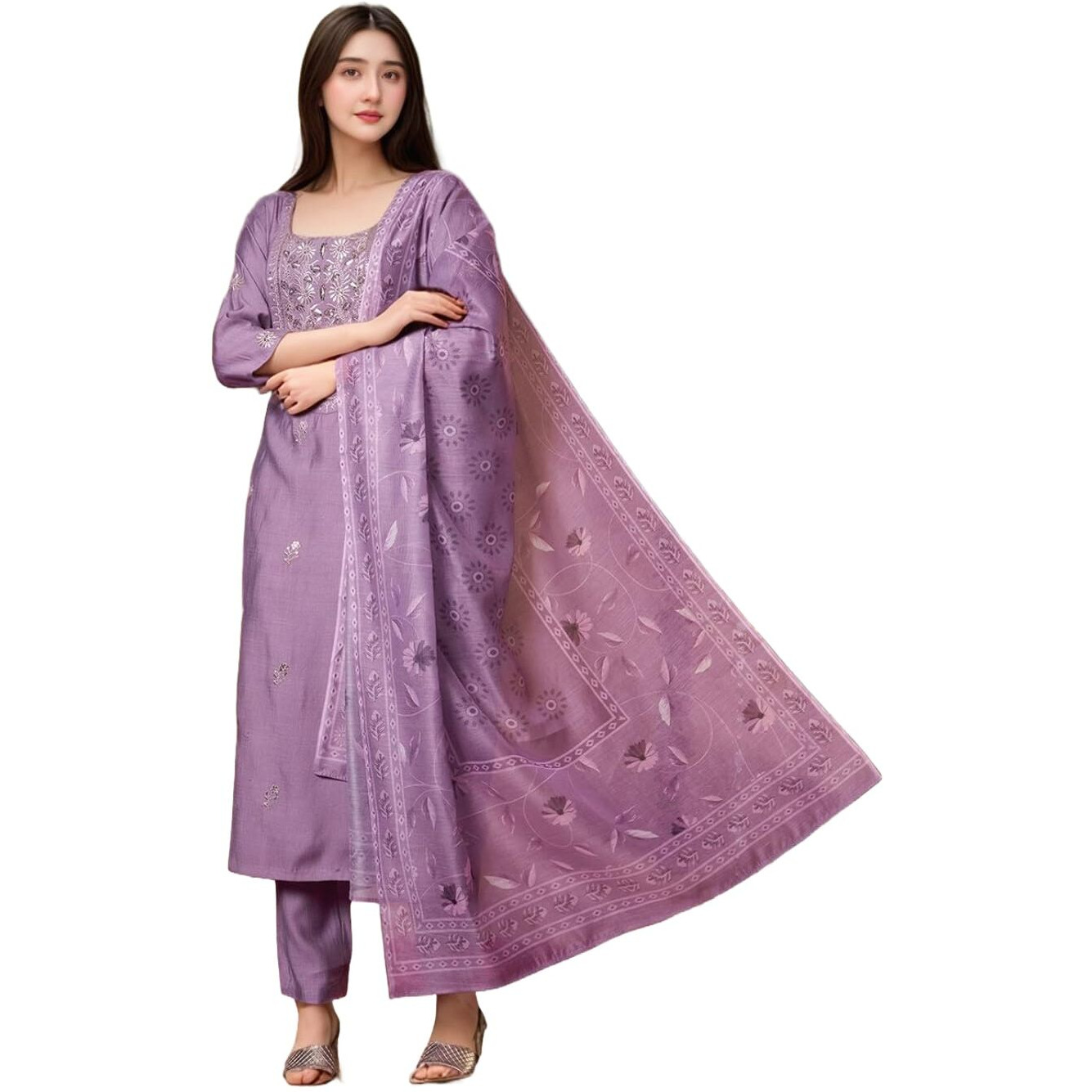 ANNI DESIGNER Women's Rayon Viscose Straight Embroidered Kurta with Pant & Dupatta (PARIMALA Purple_L_Purple_Large)