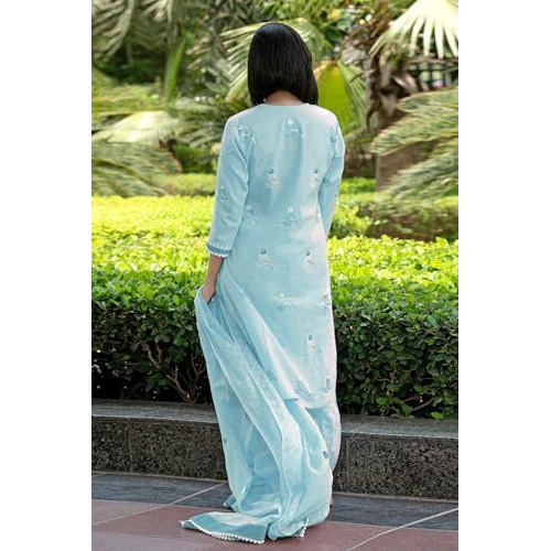 ANNI DESIGNER Women's Rayon Blend Hand Block Printed Straight Kurta with Pant & Dupatta (RAGSRI ICE BLUE-VKS04_L_Sky Blue_Large)