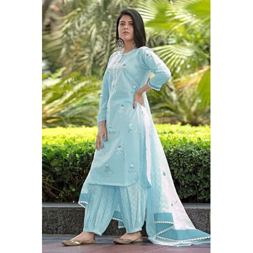 ANNI DESIGNER Women's Rayon Blend Hand Block Printed Straight Kurta with Pant & Dupatta (RAGSRI ICE BLUE-VKS04_L_Sky Blue_Large)