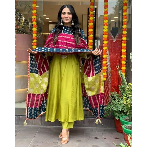 ANNI DESIGNER Women's Rayon Viscose Embroidered Anarkali Kurta with Pant & Dupatta (JENNU Mehandi_S_Mehandi_Small)