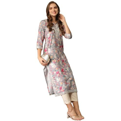 ANNI DESIGNER Women's Rayon Blend Chikankari Embroidered Straight Kurta (KISRUP-Multi-NW_L_Grey_Large)