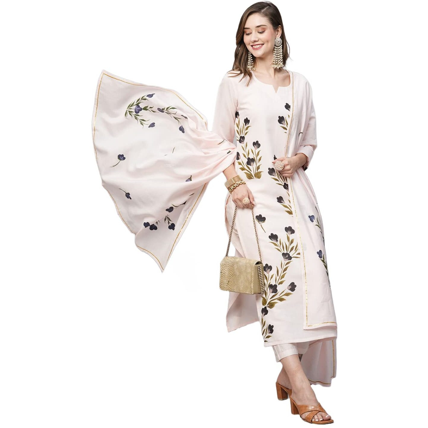 ANNI DESIGNER Women's Cotton Blend Straight Printed Kurta with Pant & Dupatta (Brush-Peach-TNW_XXL_Peach_XX-Large)