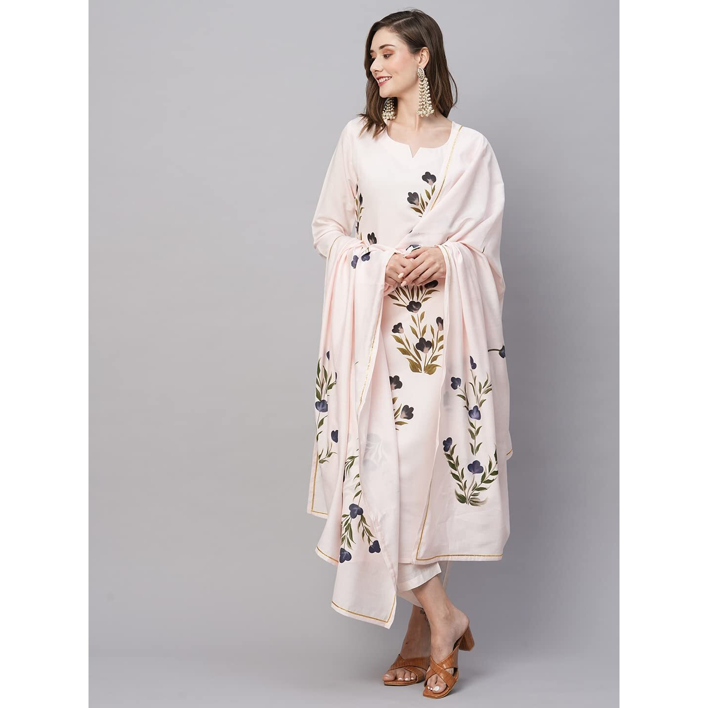 ANNI DESIGNER Women's Cotton Blend Straight Printed Kurta with Pant & Dupatta (Brush-Peach-TNW_XXL_Peach_XX-Large)