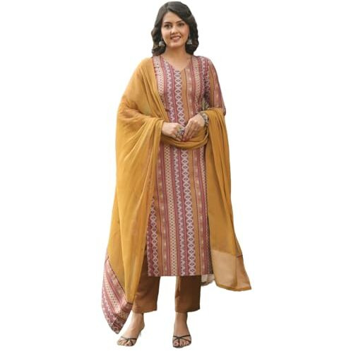 ANNI DESIGNER Women's Rayon Blend Straight Printed Kurta with Pant & Dupatta (MUKESH Multi_S_Multicolor_Small)