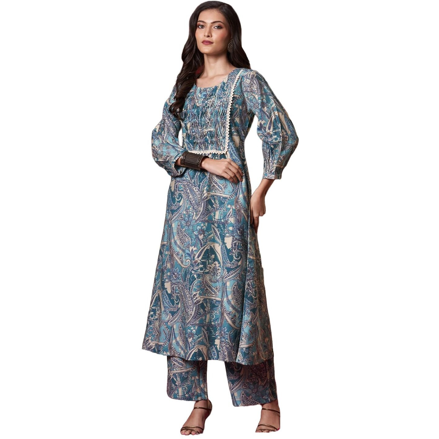 ANNI DESIGNER Women's Rayon Blend Straight Printed Kurta with Pant (Marco Teal_XXL_Teal Blue_XX-Large)