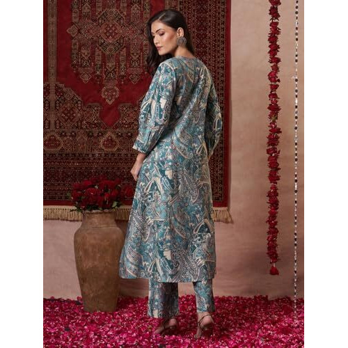 ANNI DESIGNER Women's Rayon Blend Straight Printed Kurta with Pant (Marco Teal_XXL_Teal Blue_XX-Large)