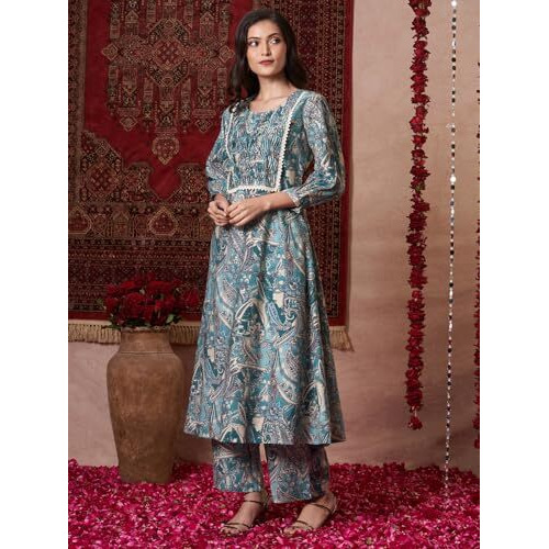 ANNI DESIGNER Women's Rayon Blend Straight Printed Kurta with Pant (Marco Teal_XXL_Teal Blue_XX-Large)
