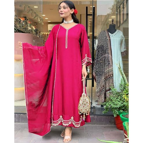 ANNI DESIGNER Women's Rayon Viscose Anarkali Embroidered Kurta with Pant & Dupatta (Ranibai Pink_M_Pink_Medium)