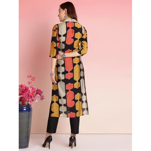 ANNI DESIGNER Women's Rayon Blend Straight Printed Kurta with Pant (SURDAS BLACK-VKS01_XL_Black_X-Large)