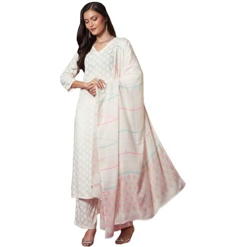 ANNI DESIGNER Women's Rayon Viscose Printed Straight Kurta with Pant & Dupatta (Mirai WHITE-VKS03_XL_White_X-Large)