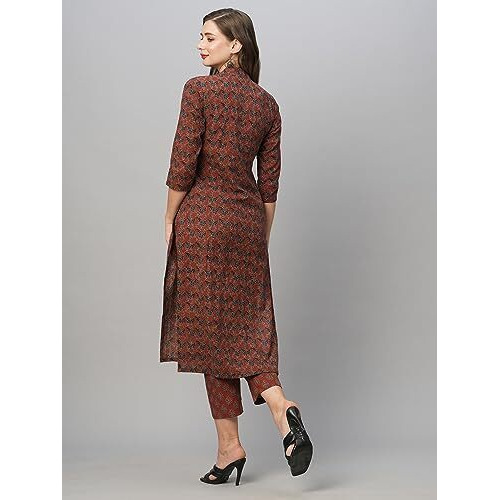 ANNI DESIGNER Women's Cotton Blend Straight Printed Kurta with Pant Set (Swami-Maroon_M_Maroon_Medium)