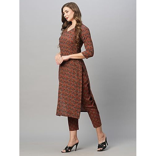 ANNI DESIGNER Women's Cotton Blend Straight Printed Kurta with Pant Set (Swami-Maroon_M_Maroon_Medium)