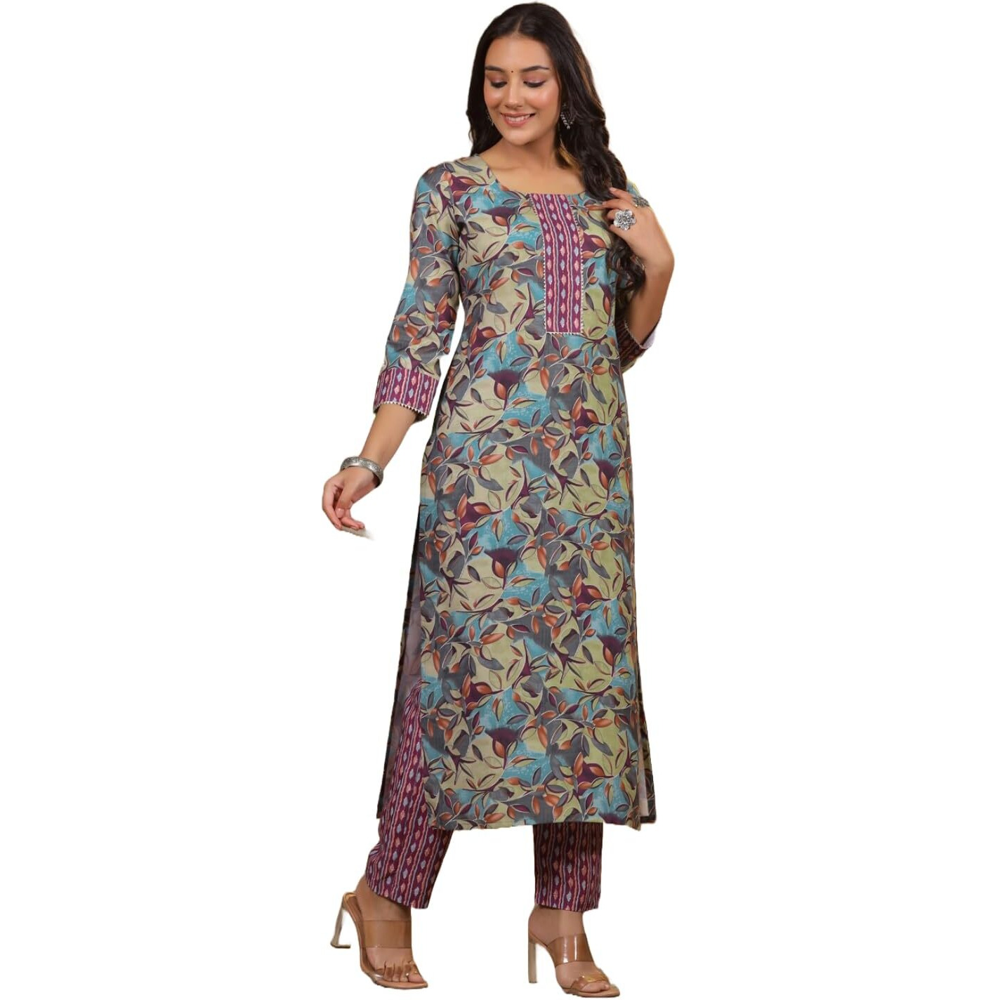 ANNI DESIGNER Women's Cotton Blend Straight Printed Kurta with Pant (Bicata Wine_XXL_Wine_XX-Large)
