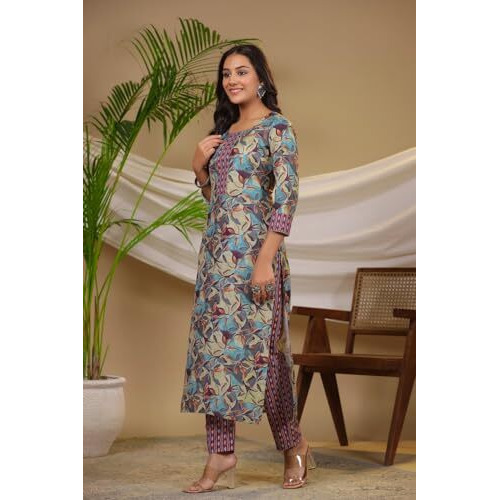 ANNI DESIGNER Women's Cotton Blend Straight Printed Kurta with Pant (Bicata Wine_XXL_Wine_XX-Large)