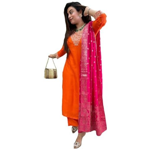 ANNI DESIGNER Women's Rayon Viscose Embroidered Straight Kurta with Pant & Dupatta (KALSUBAI Orange_XXL_Orange_XX-Large)
