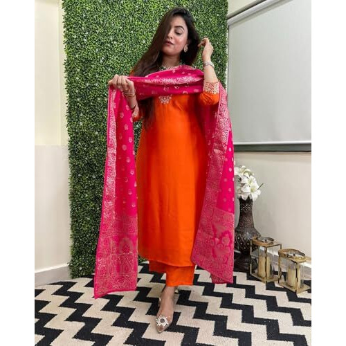 ANNI DESIGNER Women's Rayon Viscose Embroidered Straight Kurta with Pant & Dupatta (KALSUBAI Orange_XXL_Orange_XX-Large)