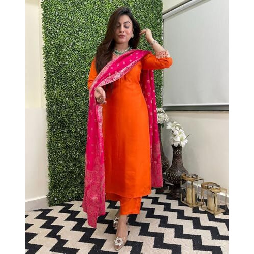 ANNI DESIGNER Women's Rayon Viscose Embroidered Straight Kurta with Pant & Dupatta (KALSUBAI Orange_XXL_Orange_XX-Large)