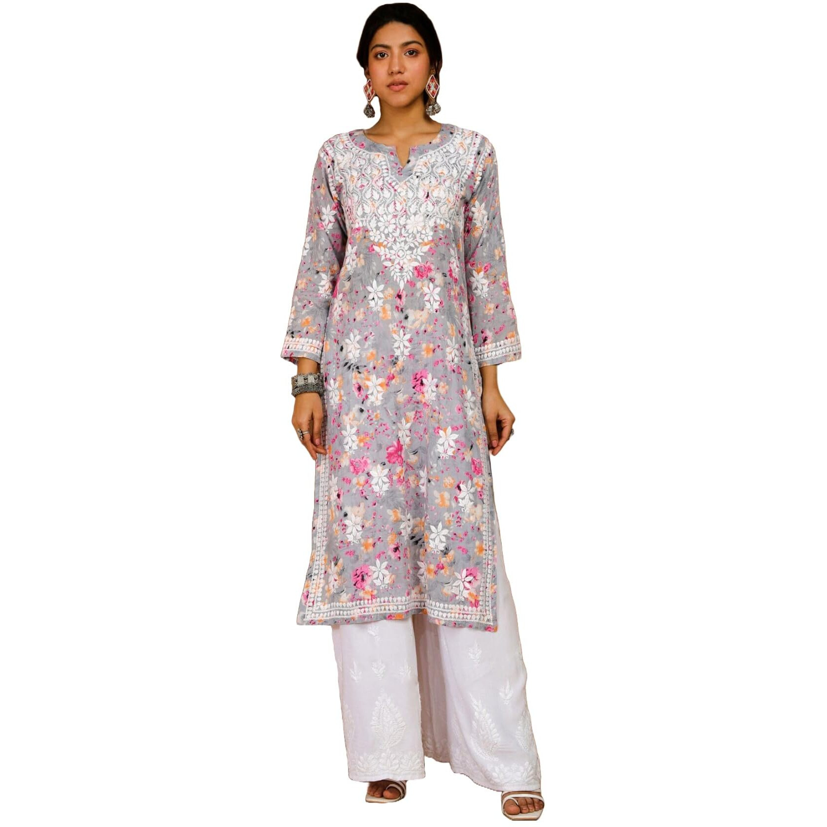 ANNI DESIGNER Women's Rayon Blend Chikankari Embroidered Straight Kurta (KISRUP-Multi_L_Grey_Large)