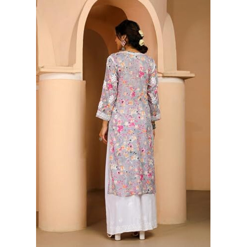 ANNI DESIGNER Women's Rayon Blend Chikankari Embroidered Straight Kurta (KISRUP-Multi_L_Grey_Large)