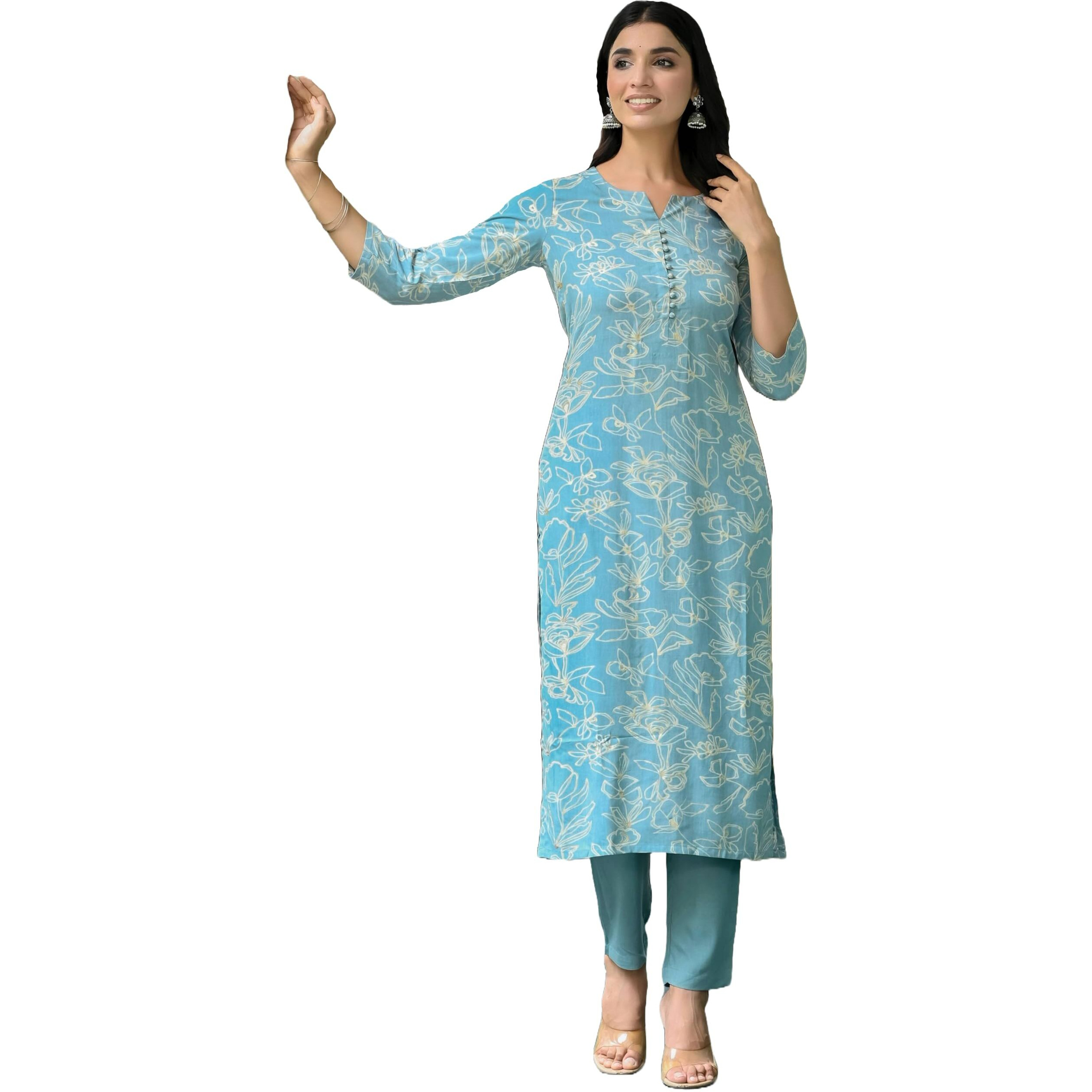 ANNI DESIGNER Women's Rayon Blend Straight Printed Kurta with Pant (Ghasi Blue_L_Blue_Large)