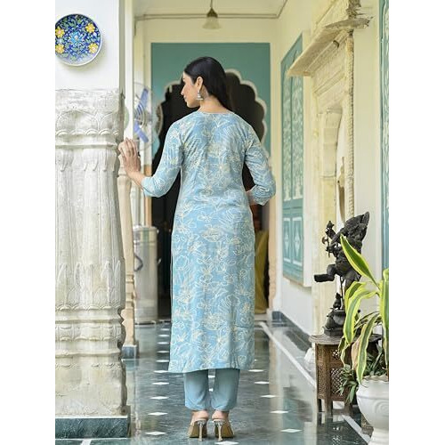ANNI DESIGNER Women's Rayon Blend Straight Printed Kurta with Pant (Ghasi Blue_L_Blue_Large)