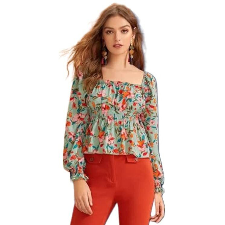 ANNI DESIGNER Women's Crepe Floral Printed Full Puff Sleeves Square Neck Top (Indi Green_S_Green_Small)