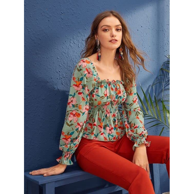 ANNI DESIGNER Women's Crepe Floral Printed Full Puff Sleeves Square Neck Top (Indi Green_S_Green_Small)