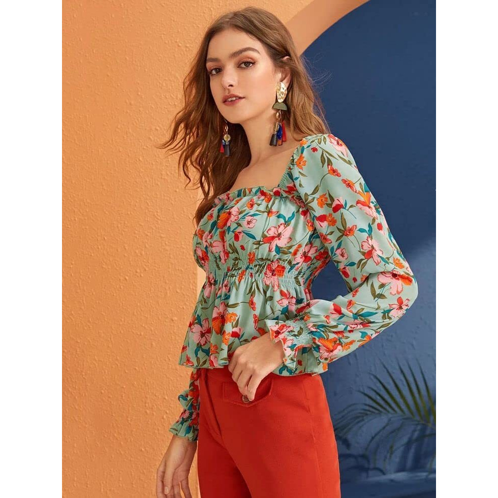 ANNI DESIGNER Women's Crepe Floral Printed Full Puff Sleeves Square Neck Top (Indi Green_S_Green_Small)