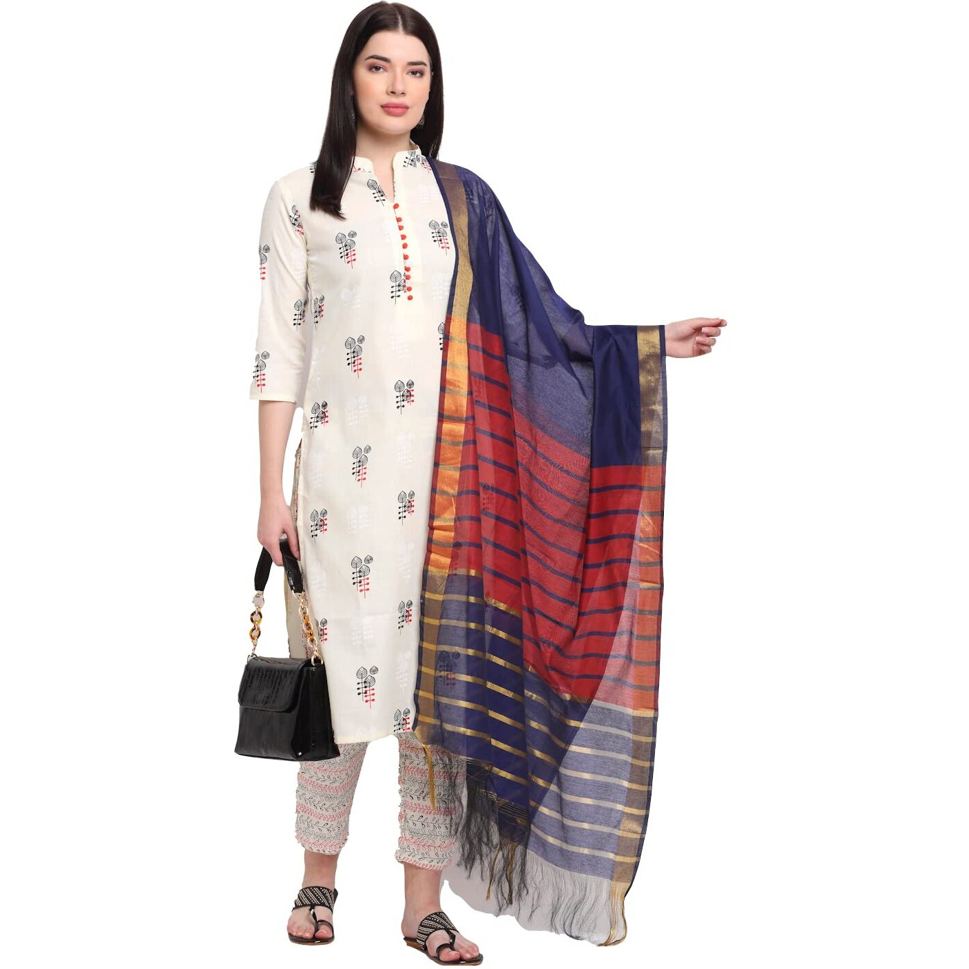 ANNI DESIGNER Women's Cotton Straight Kurta with Pant & Dupatta (KPTD-COT-10003-WHITE_L_White_Large)
