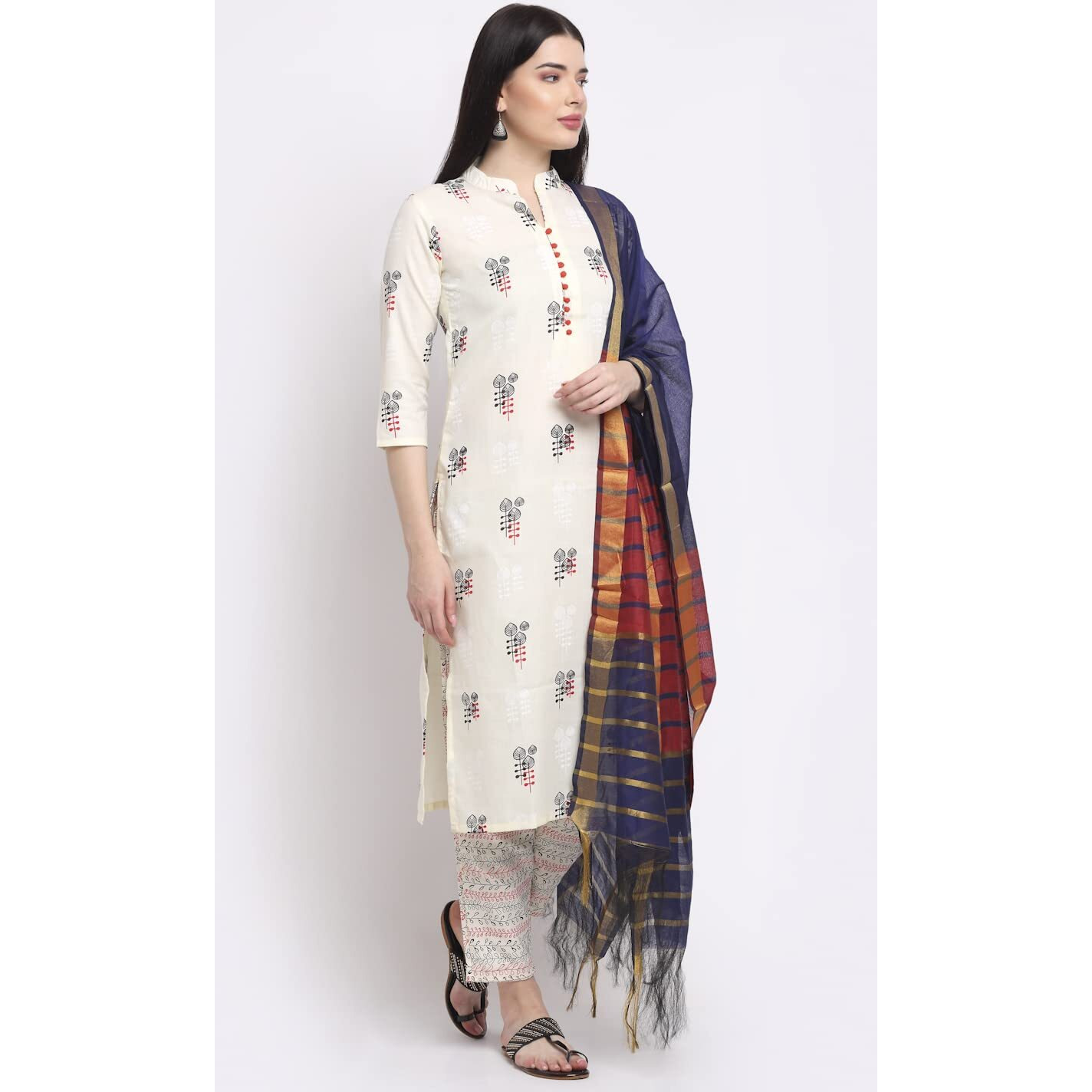 ANNI DESIGNER Women's Cotton Straight Kurta with Pant & Dupatta (KPTD-COT-10003-WHITE_L_White_Large)