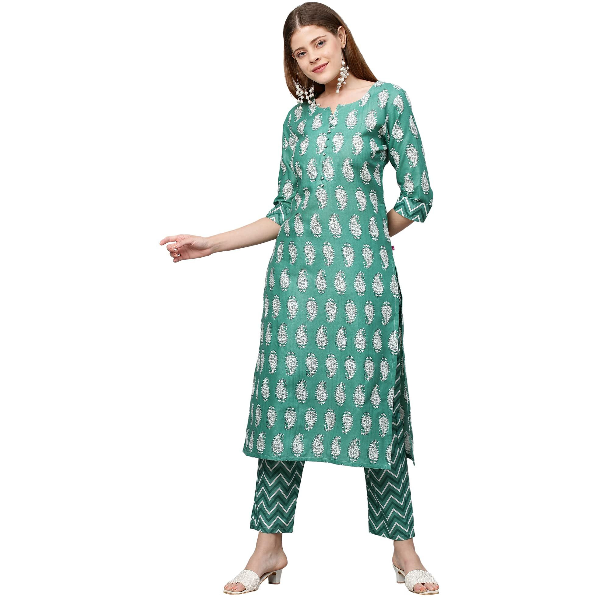 ANNI DESIGNER Women's Cotton Blend Printed Straight Kurta with Pant (Jugnu New01 Green_XXL_Green_XX-Large)