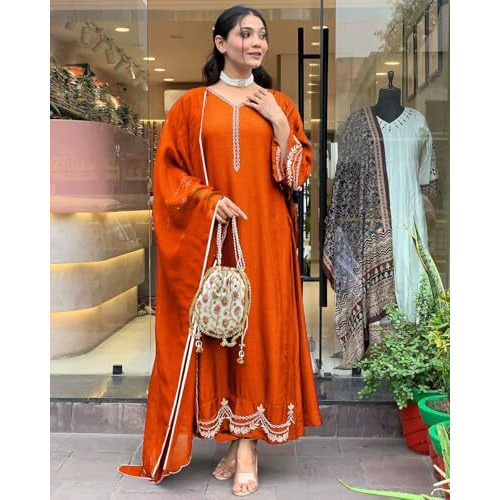 ANNI DESIGNER Women's Rayon Viscose Anarkali Embroidered Kurta with Pant & Dupatta (Ranibai Orange_XL_Orange_X-Large)