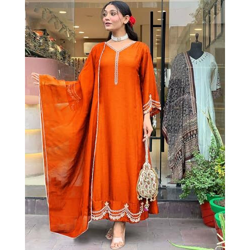 ANNI DESIGNER Women's Rayon Viscose Anarkali Embroidered Kurta with Pant & Dupatta (Ranibai Orange_XL_Orange_X-Large)