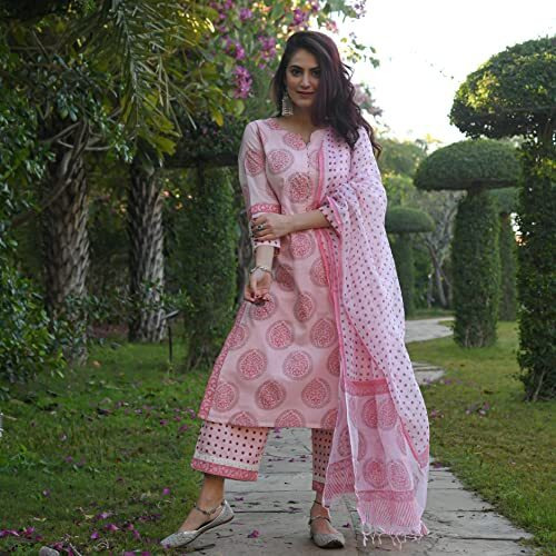 ANNI DESIGNER Women's Cotton Blend Printed Straight Kurta with Pant & Dupatta Pack of 2 (Combo-CHHAPA-Pink-April-Sky Blue_L_Multi_Large)