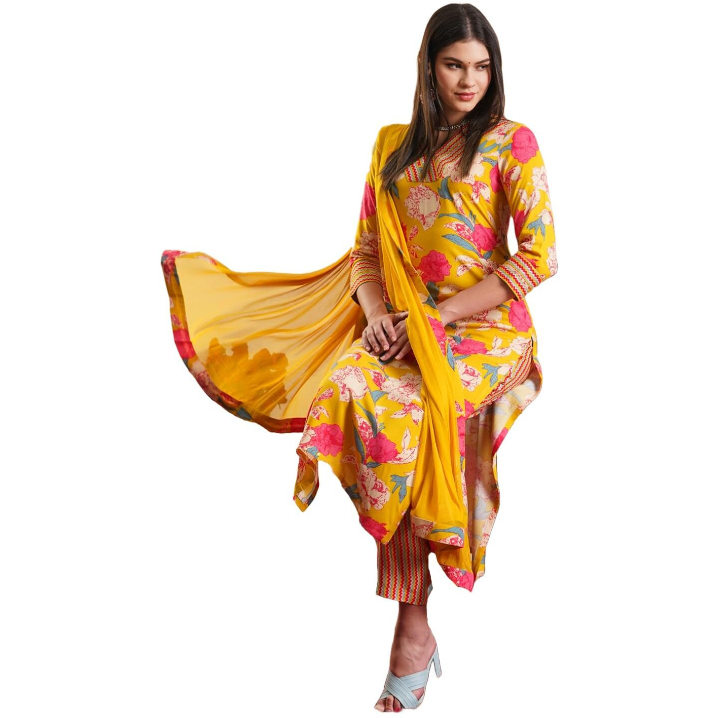 ANNI DESIGNER Women's Rayon Blend Straight Printed Kurta with Pant & Dupatta (GANITA MUSTARD-VKS01_XL_Mustard_X-Large)